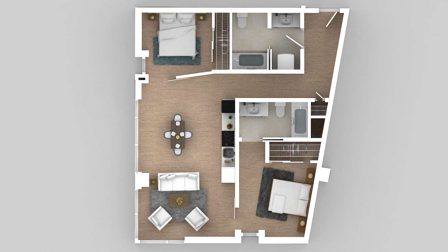 Floor plan for 2 beds, 2 baths, 943 sqft